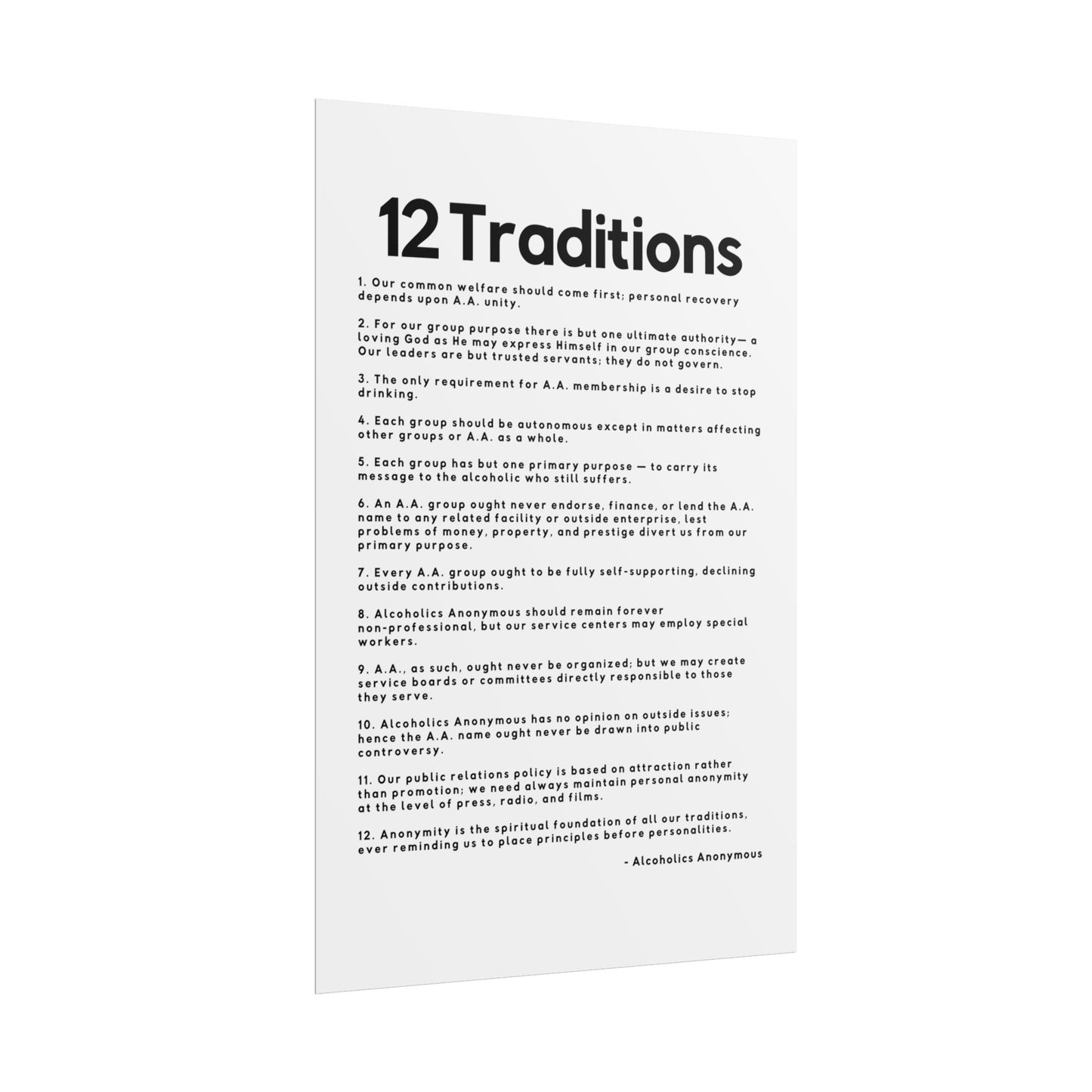 Haler Smith Rolled Poster - 12 Traditions - Vertical White Matte Finish - Black Letters