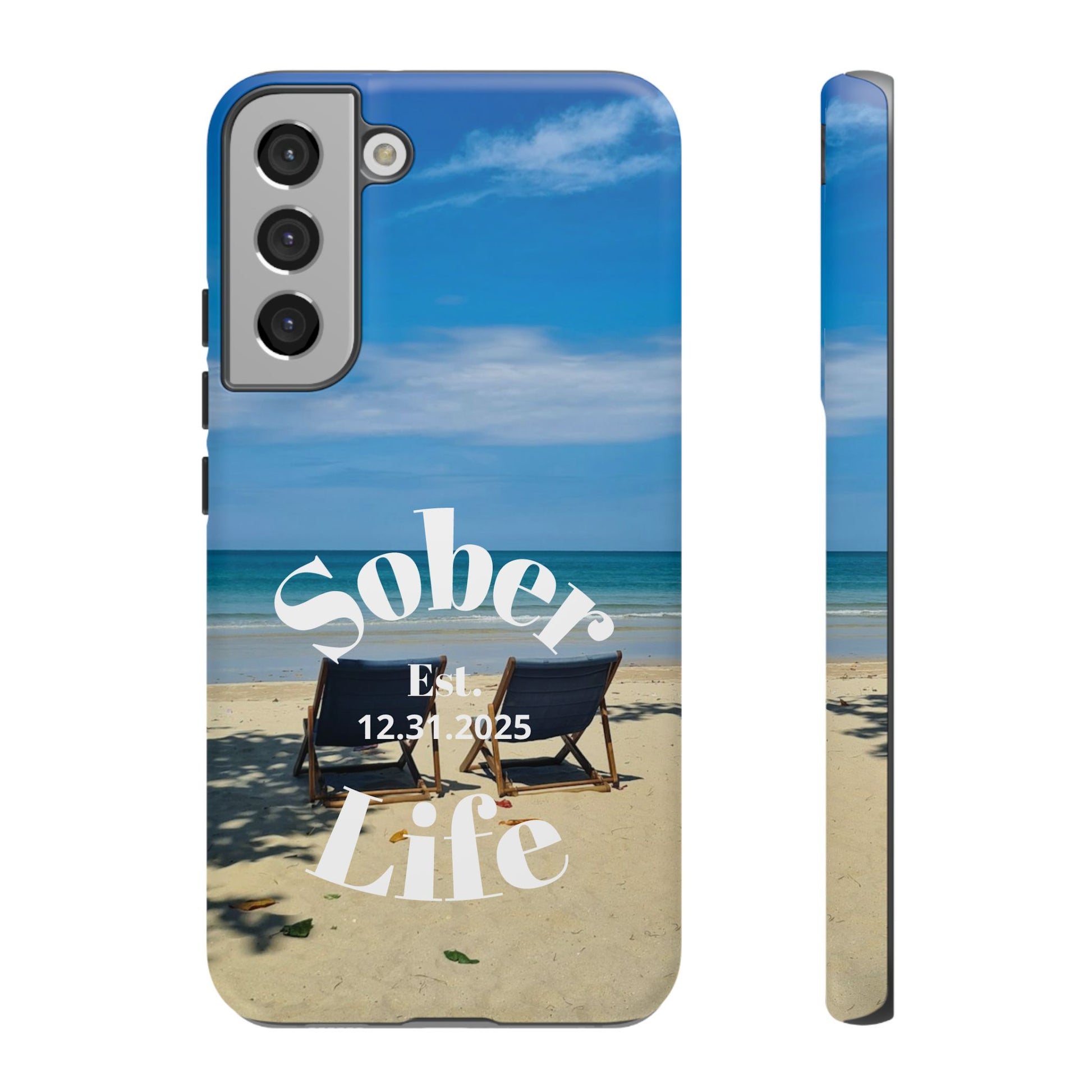 Sober Life Est. personalized recovery Samsung Galaxy phone case featuring the Beach Scene and Sober Life Est. Design 1