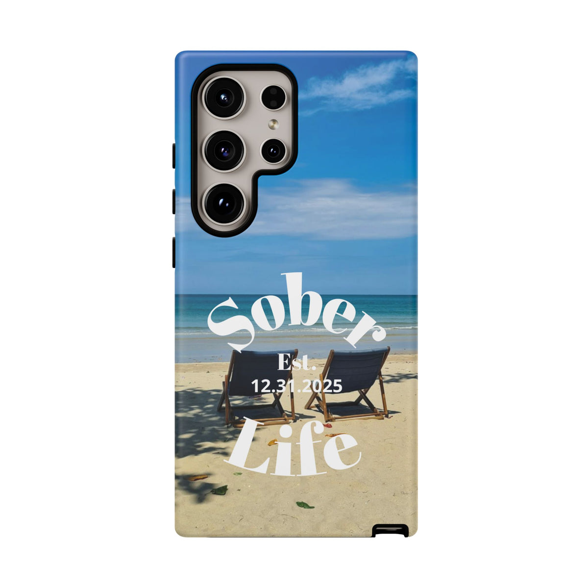 Sober Life Est. personalized recovery Samsung Galaxy phone case featuring the Beach Scene and Sober Life Est. Design 1