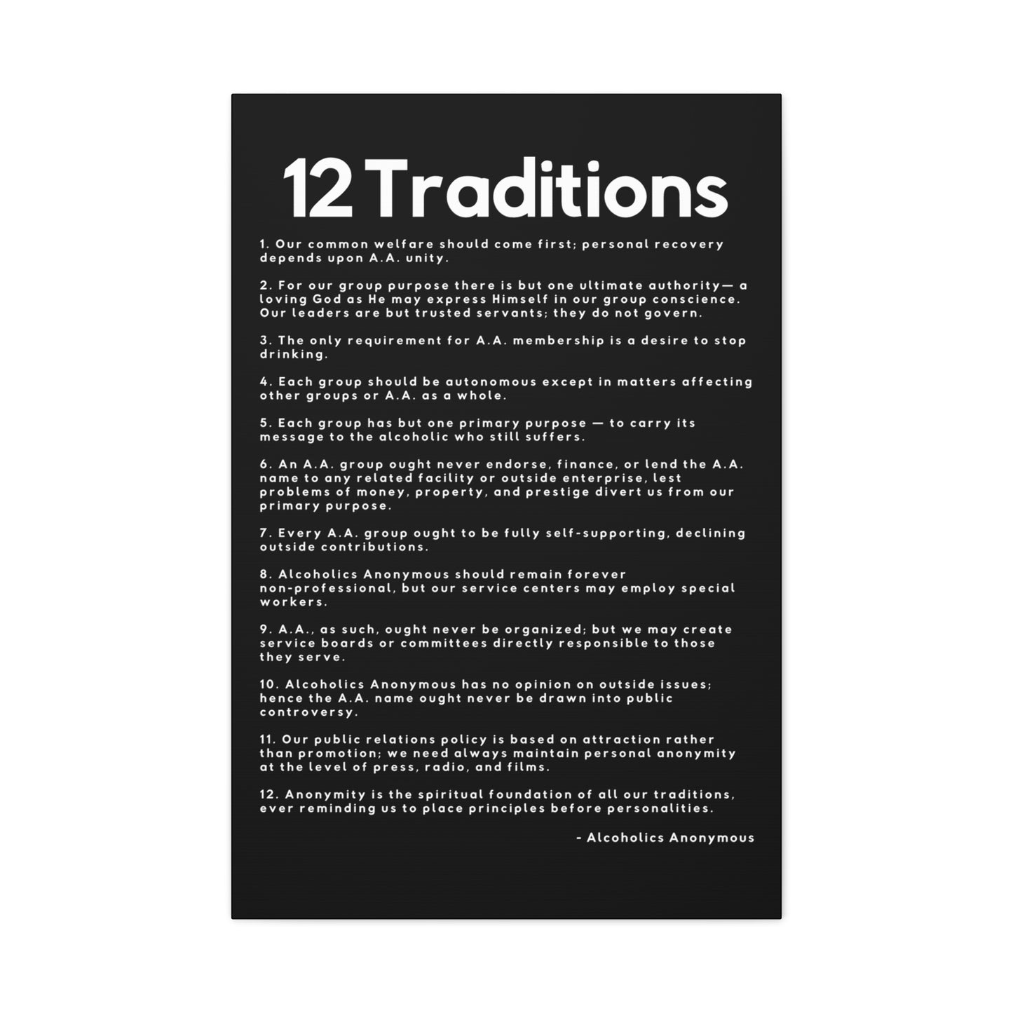 Haler Smith Matte Canvas - 12 Traditions - Vertical Black Matte Finish - White Letters