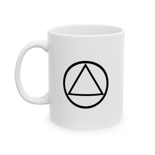 Recovery Ceramic Coffee Mug | Circle and Triangle Design 1 | White with Black Letters