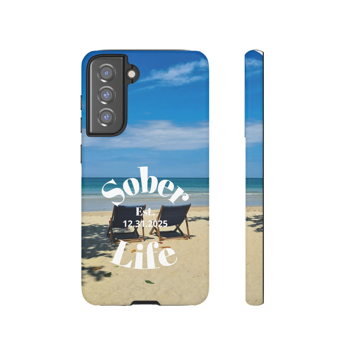 Sober Life Est. personalized recovery Samsung Galaxy phone case featuring the Beach Scene and Sober Life Est. Design 1