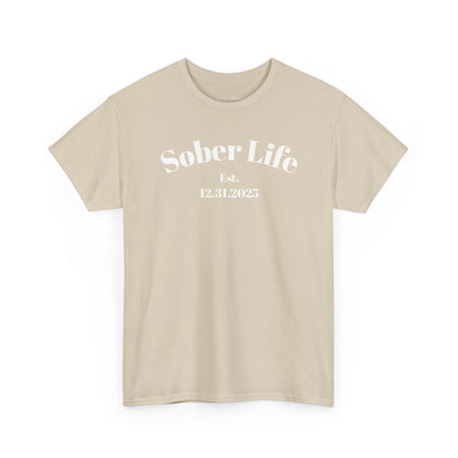 Sober Life Est. recovery short sleeve T-shirt in Sand featuring Sober Life Est. Design 1 on the front
