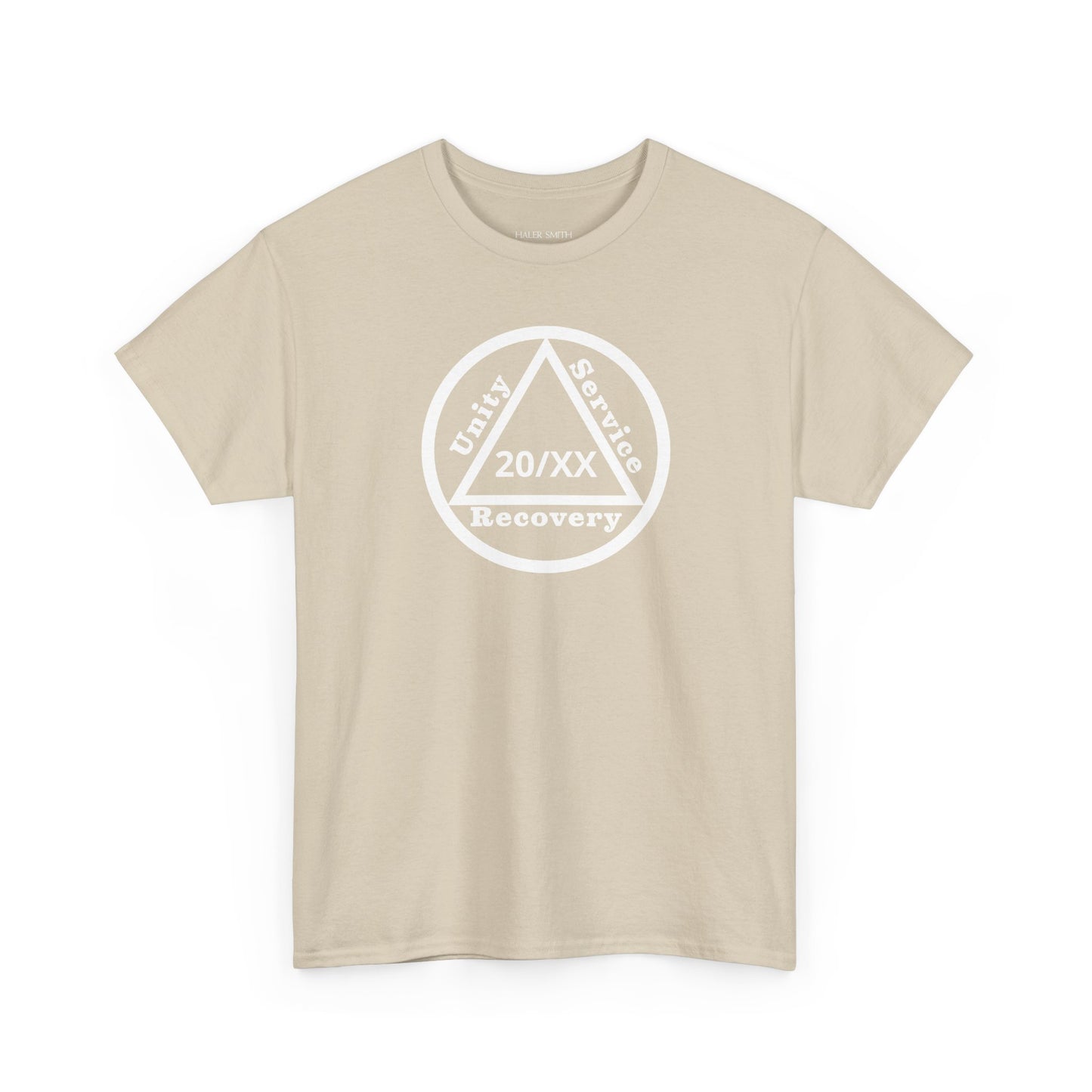 Unity Service Recovery recovery short sleeve T-shirt in Sand featuring Unity Service Recovery Sobriety Years Design 1 on the front