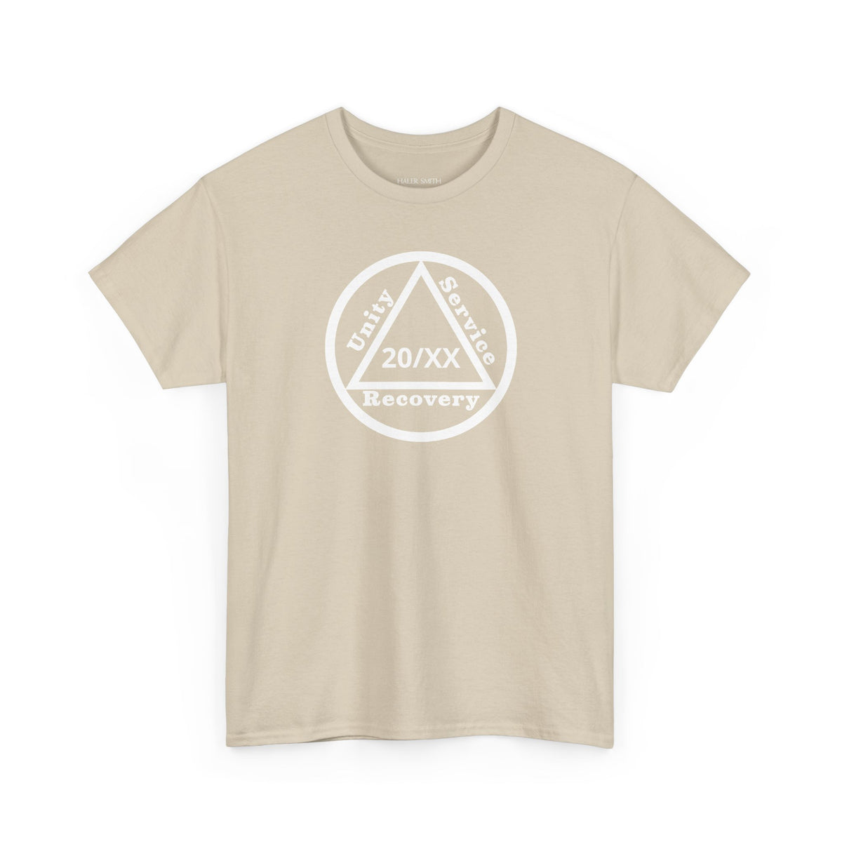 Unity Service Recovery recovery short sleeve T-shirt in Sand featuring Unity Service Recovery Sobriety Years Design 1 on the front