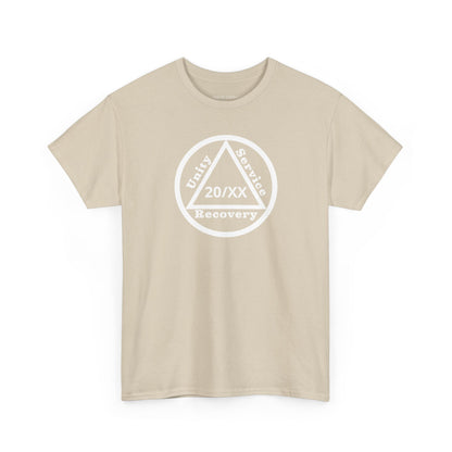 Unity Service Recovery recovery short sleeve T-shirt in Sand featuring Unity Service Recovery Sobriety Years Design 1 on the front