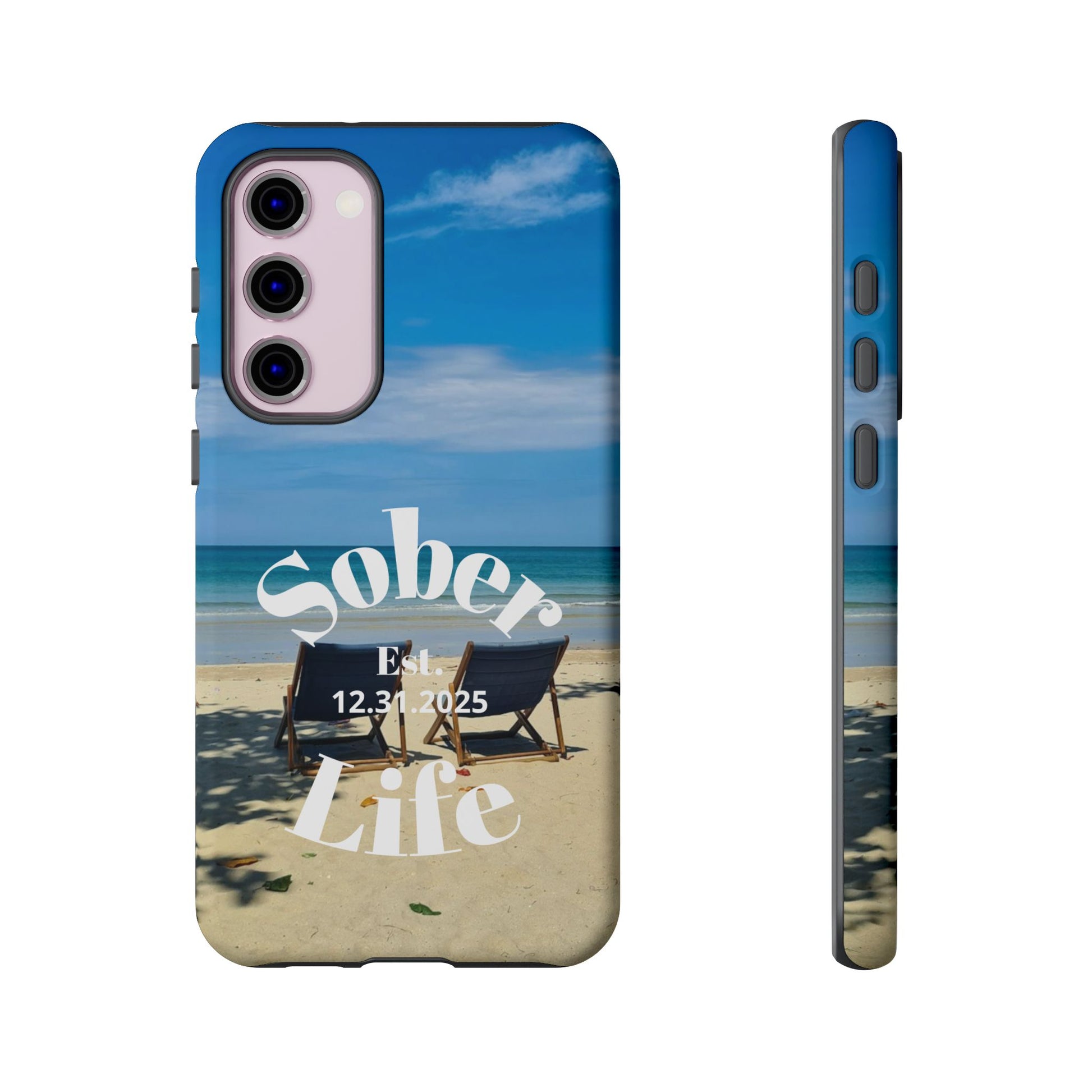 Sober Life Est. personalized recovery Samsung Galaxy phone case featuring the Beach Scene and Sober Life Est. Design 1