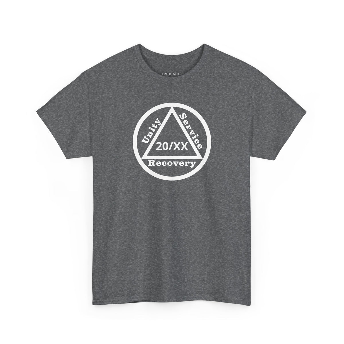 Unity Service Recovery recovery short sleeve T-shirt in Graphite Heather featuring Unity Service Recovery Sobriety Years Design 1 on the front