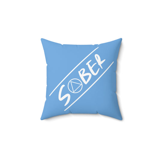 Recovery Square Polyester Pillow | Sober Design 1 | Light Blue with White Letters