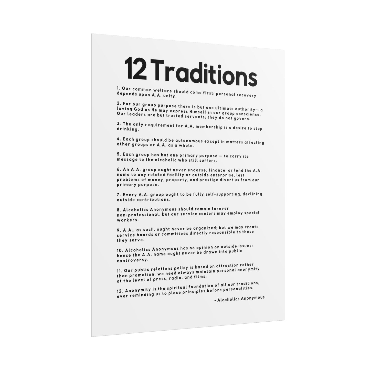 Haler Smith Rolled Poster - 12 Traditions - Vertical White Matte Finish - Black Letters