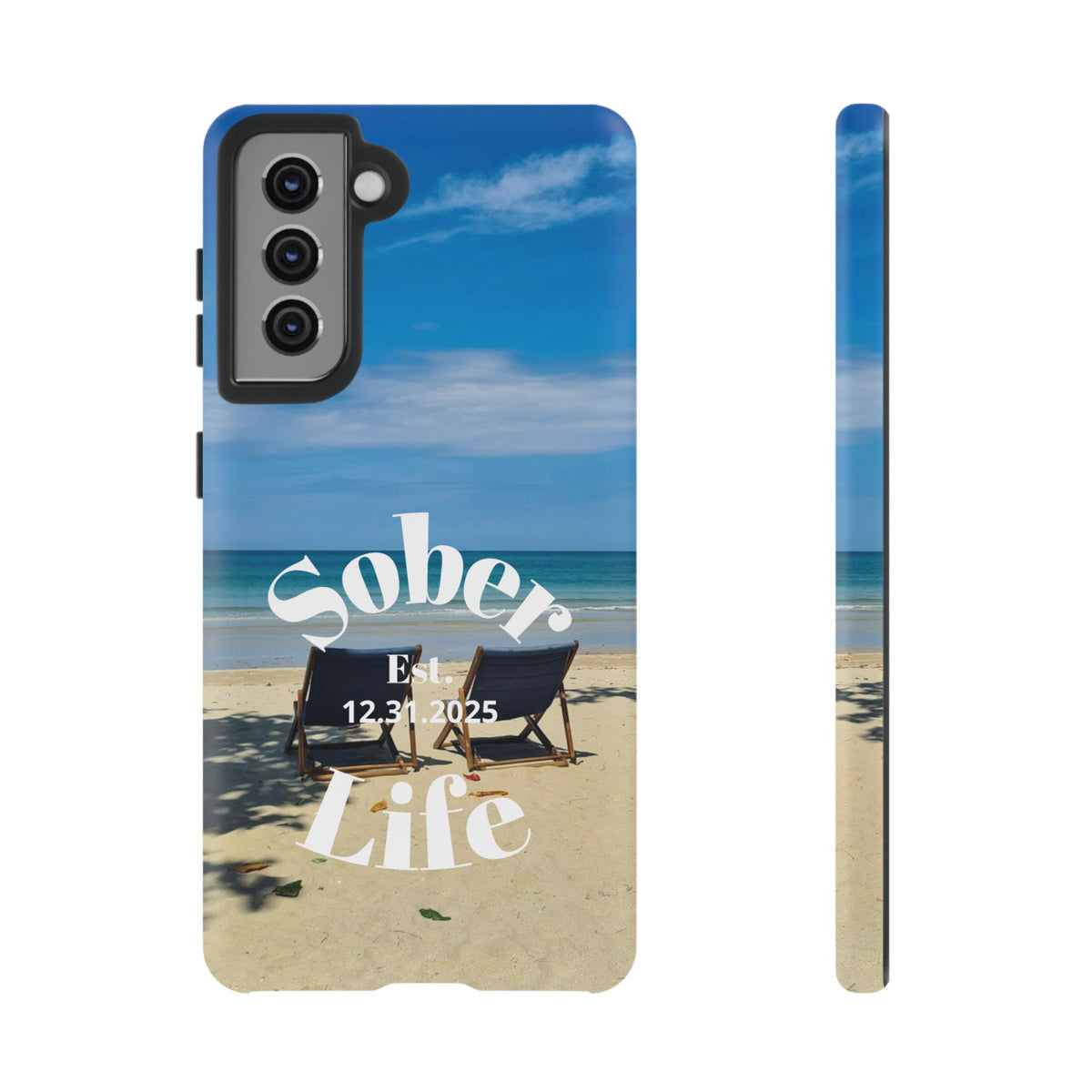 Sober Life Est. personalized recovery Samsung Galaxy phone case featuring the Beach Scene and Sober Life Est. Design 1