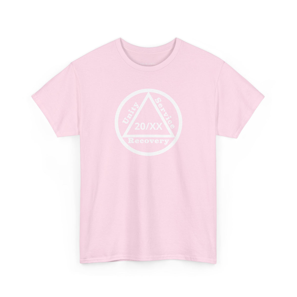 Unity Service Recovery recovery short sleeve T-shirt in Light Pink featuring Unity Service Recovery Sobriety Years Design 1 on the front