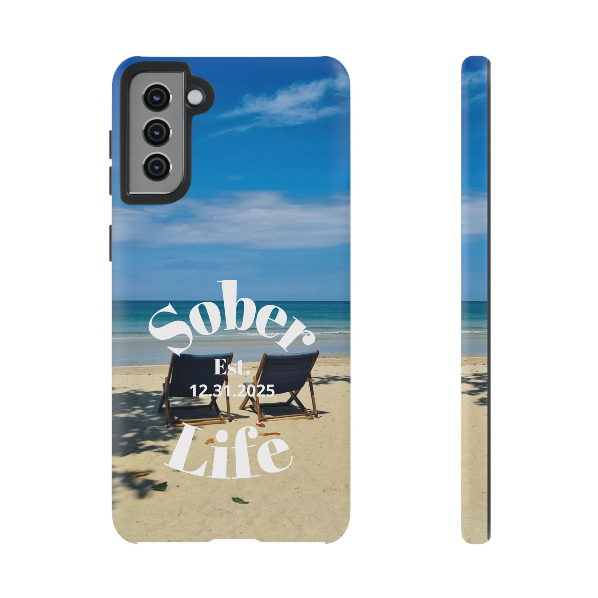 Sober Life Est. personalized recovery Samsung Galaxy phone case featuring the Beach Scene and Sober Life Est. Design 1