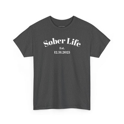 Sober Life Est. recovery short sleeve T-shirt in Dark Heather featuring Sober Life Est. Design 1 on the front