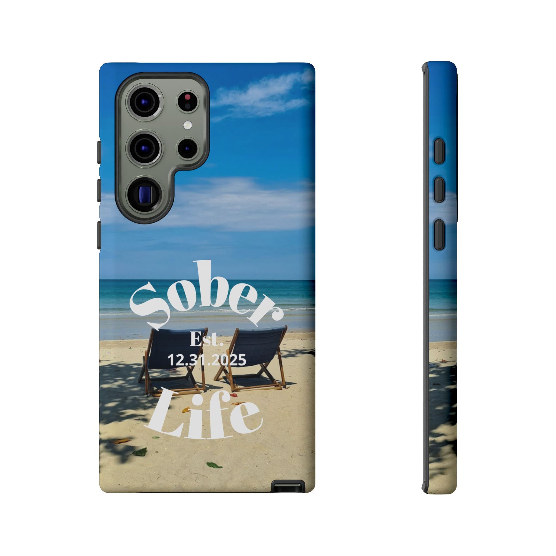 Sober Life Est. personalized recovery Samsung Galaxy phone case featuring the Beach Scene and Sober Life Est. Design 1