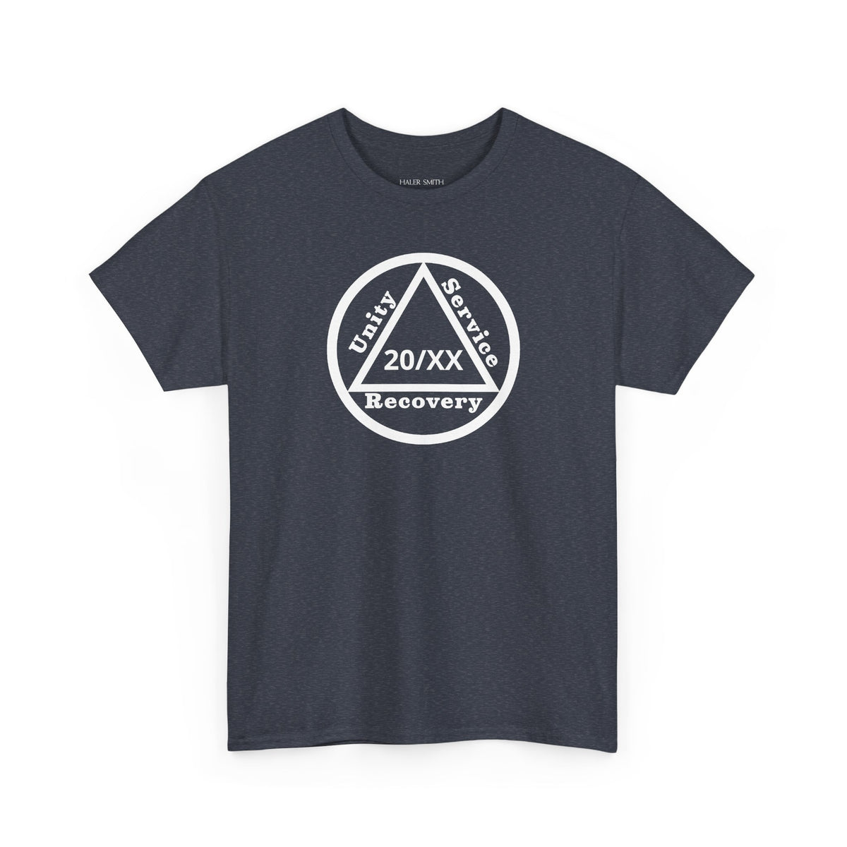 Unity Service Recovery recovery short sleeve T-shirt in Heather Navy featuring Unity Service Recovery Sobriety Years Design 1 on the front