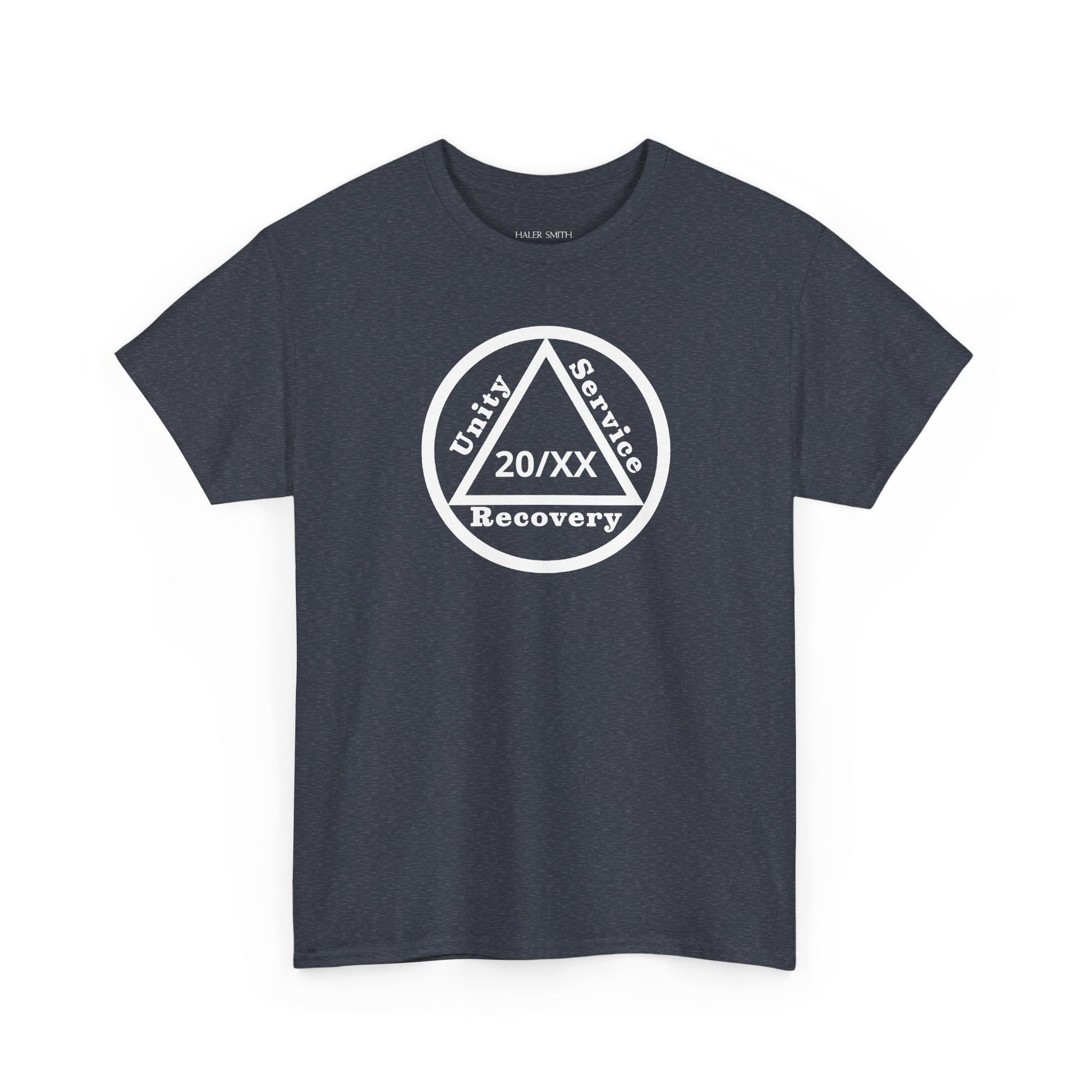 Unity Service Recovery recovery short sleeve T-shirt in Heather Navy featuring Unity Service Recovery Sobriety Years Design 1 on the front