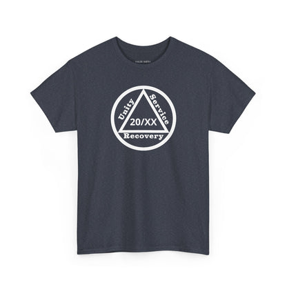 Unity Service Recovery recovery short sleeve T-shirt in Heather Navy featuring Unity Service Recovery Sobriety Years Design 1 on the front