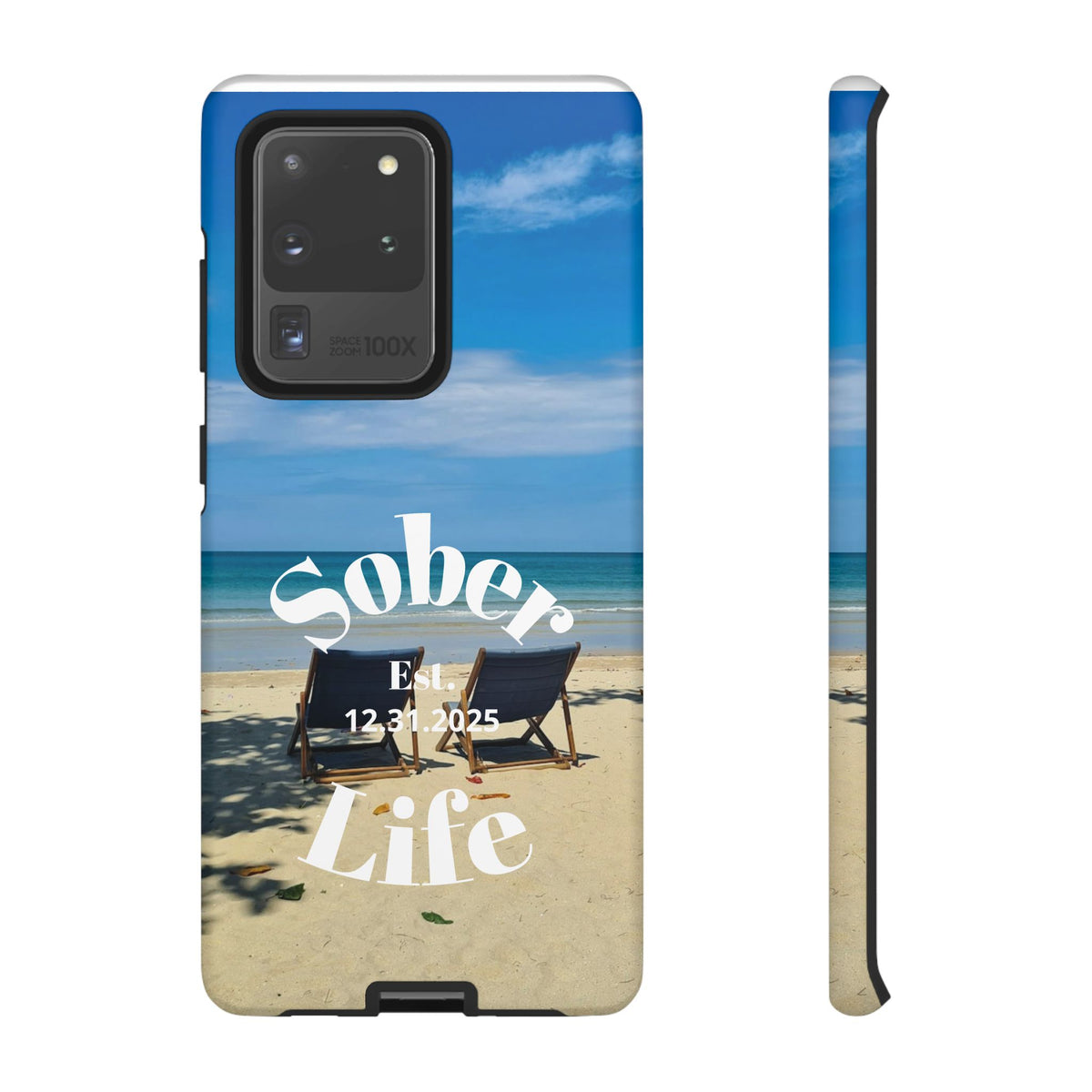 Sober Life Est. personalized recovery Samsung Galaxy phone case featuring the Beach Scene and Sober Life Est. Design 1