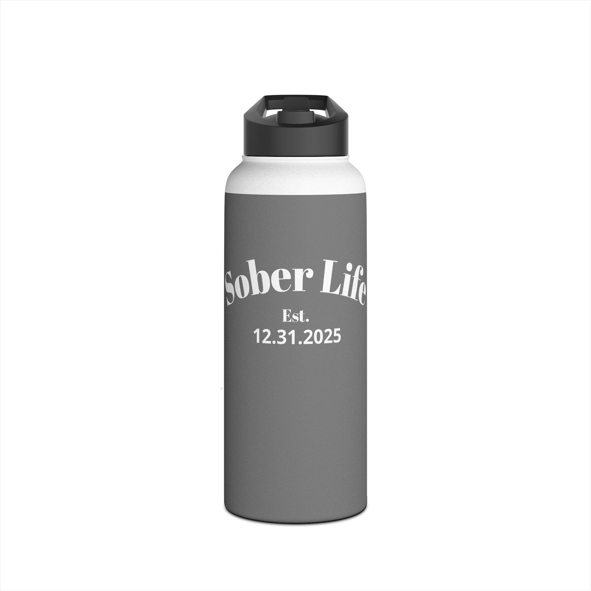 Sober Life Est. recovery 32 oz insulated stainless steel water bottle in Dark Grey featuring Sober Life Est. Design 1