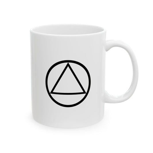 Recovery Ceramic Coffee Mug | Circle and Triangle Design 1 | White with Black Letters