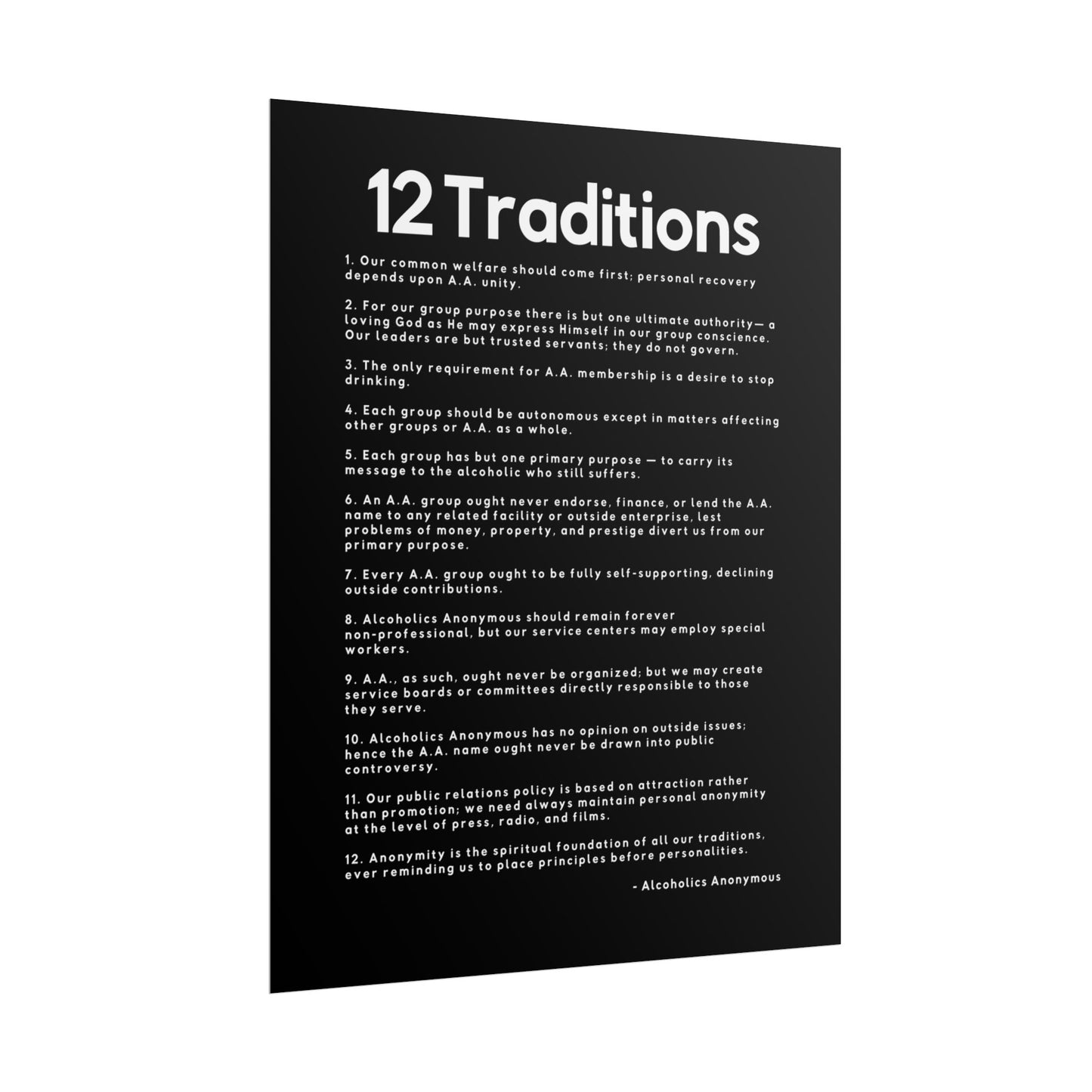 Haler Smith Rolled Poster - 12 Traditions - Vertical Black Matte Finish - White Letters