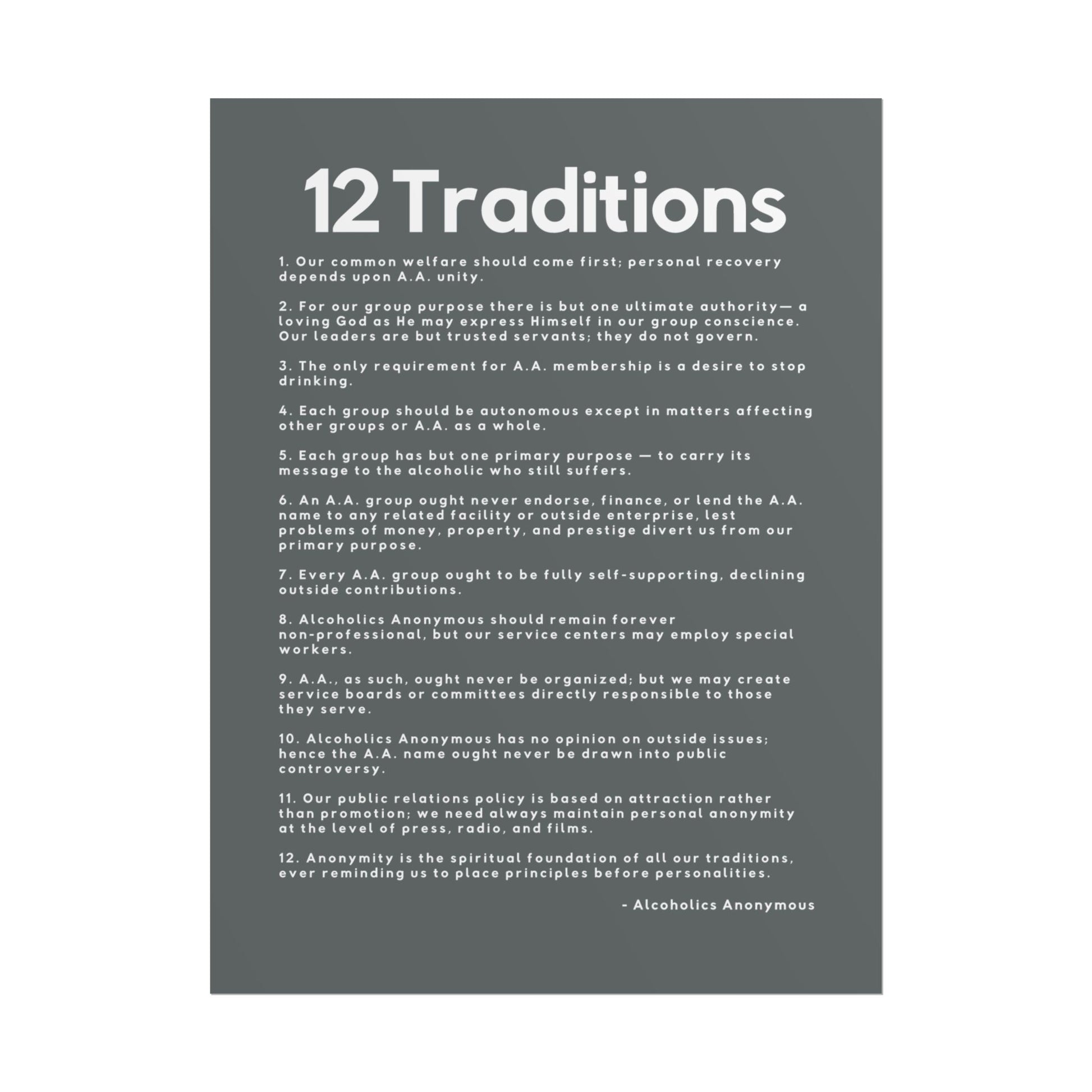 Haler Smith - Poster - Haler Smith Rolled Poster - 12 Traditions - Vertical Dark Gray Matte Finish