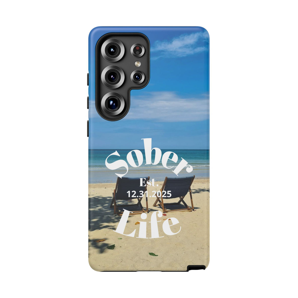 Sober Life Est. personalized recovery Samsung Galaxy phone case featuring the Beach Scene and Sober Life Est. Design 1 with sobriety date or year