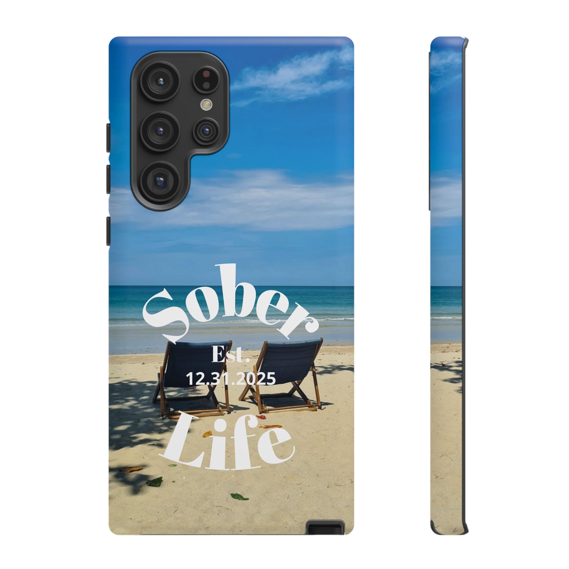 Sober Life Est. personalized recovery Samsung Galaxy phone case featuring the Beach Scene and Sober Life Est. Design 1