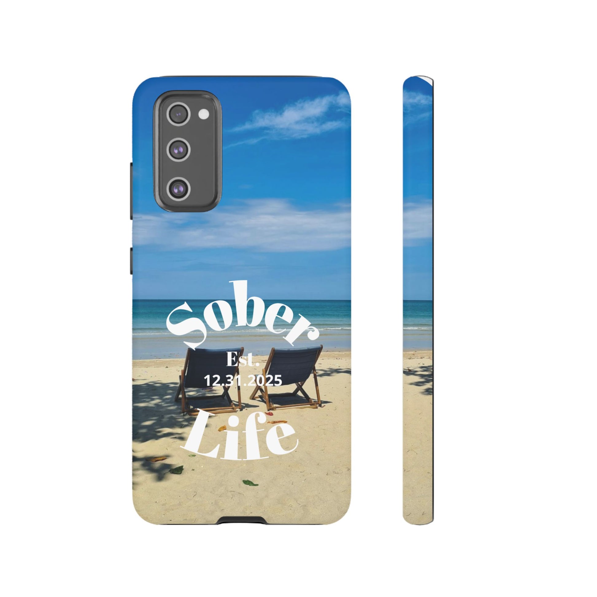 Sober Life Est. personalized recovery Samsung Galaxy phone case featuring the Beach Scene and Sober Life Est. Design 1