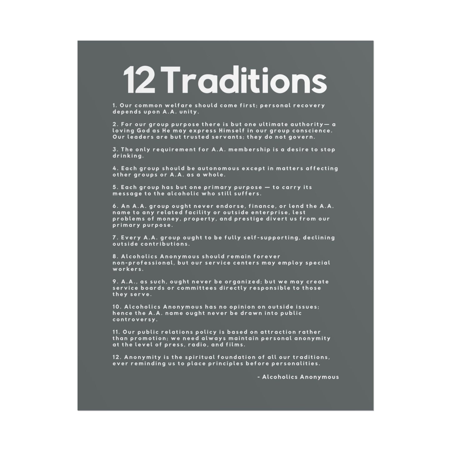 Haler Smith - Poster - Haler Smith Rolled Poster - 12 Traditions - Vertical Dark Gray Matte Finish