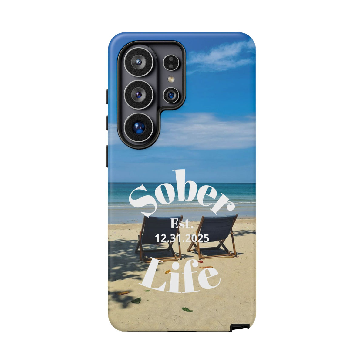 Sober Life Est. personalized recovery Samsung Galaxy phone case featuring the Beach Scene and Sober Life Est. Design 1