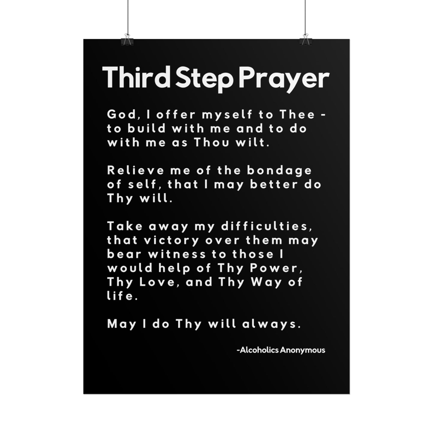 Haler Smith Rolled Poster - 3rd Step Prayer - Vertical Black Matte Finish - White Letters