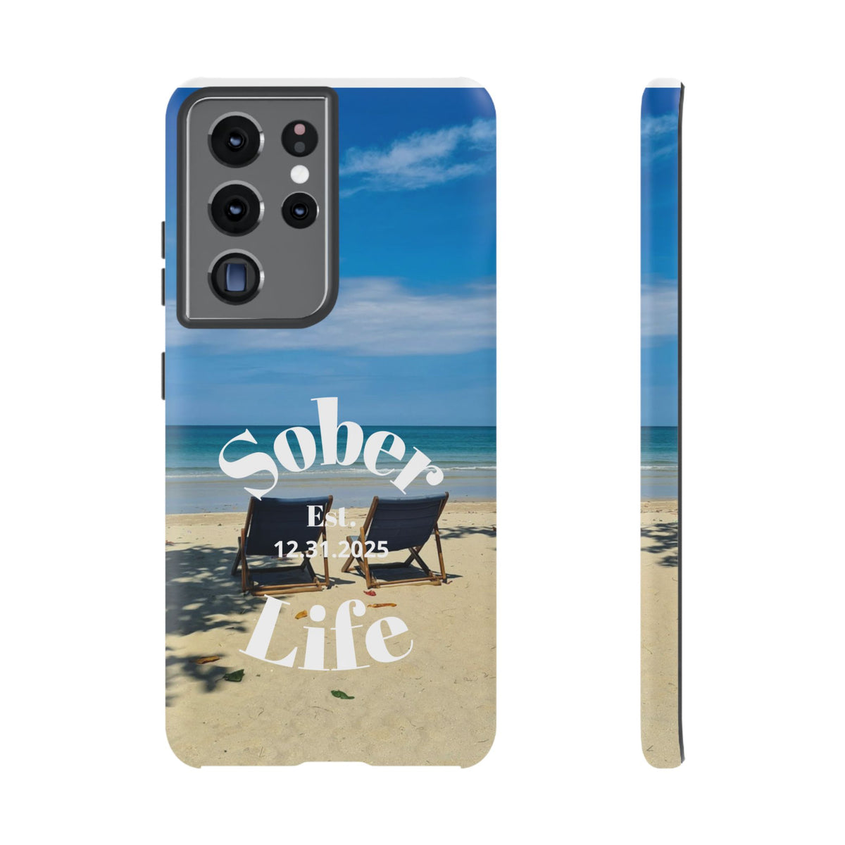 Sober Life Est. personalized recovery Samsung Galaxy phone case featuring the Beach Scene and Sober Life Est. Design 1